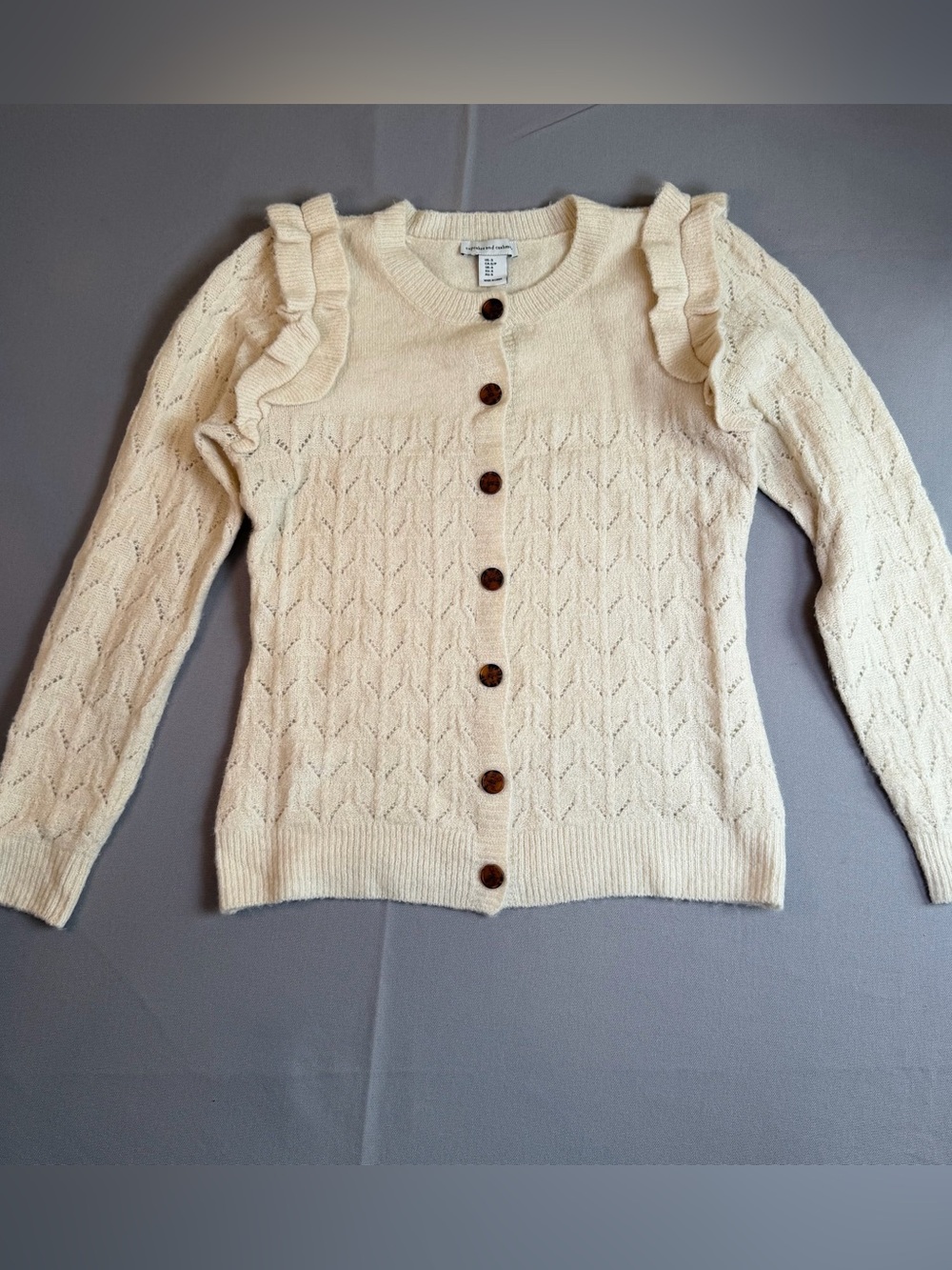 Cupcakes & Cashmere Women’s szS Cream Ruffle-Shoulder Open Knit Cardigan Sweater